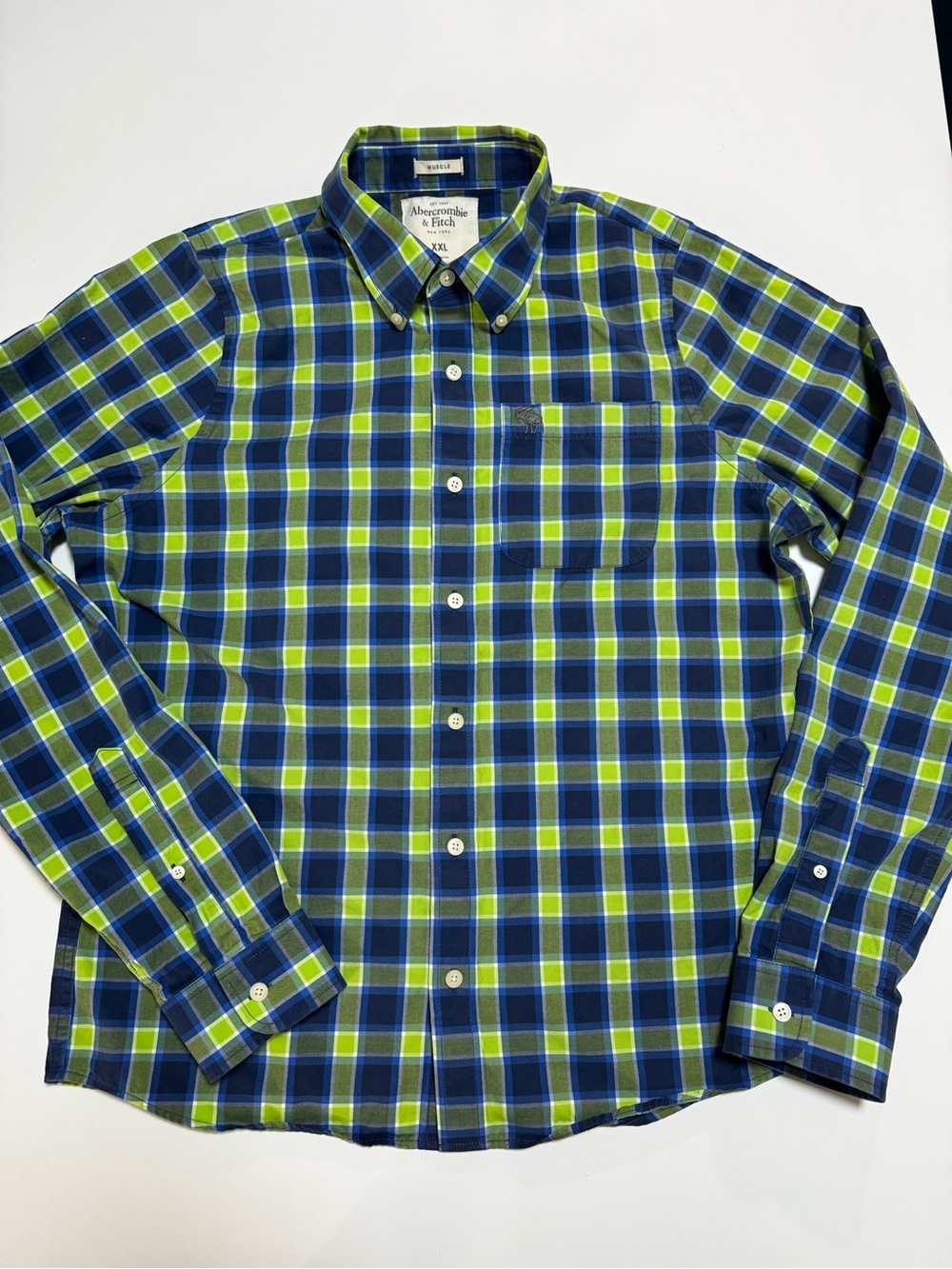Abercrombie & Fitch Men's Navy Blue and Lime Green Plaid Button-Down Shirt, XXL
